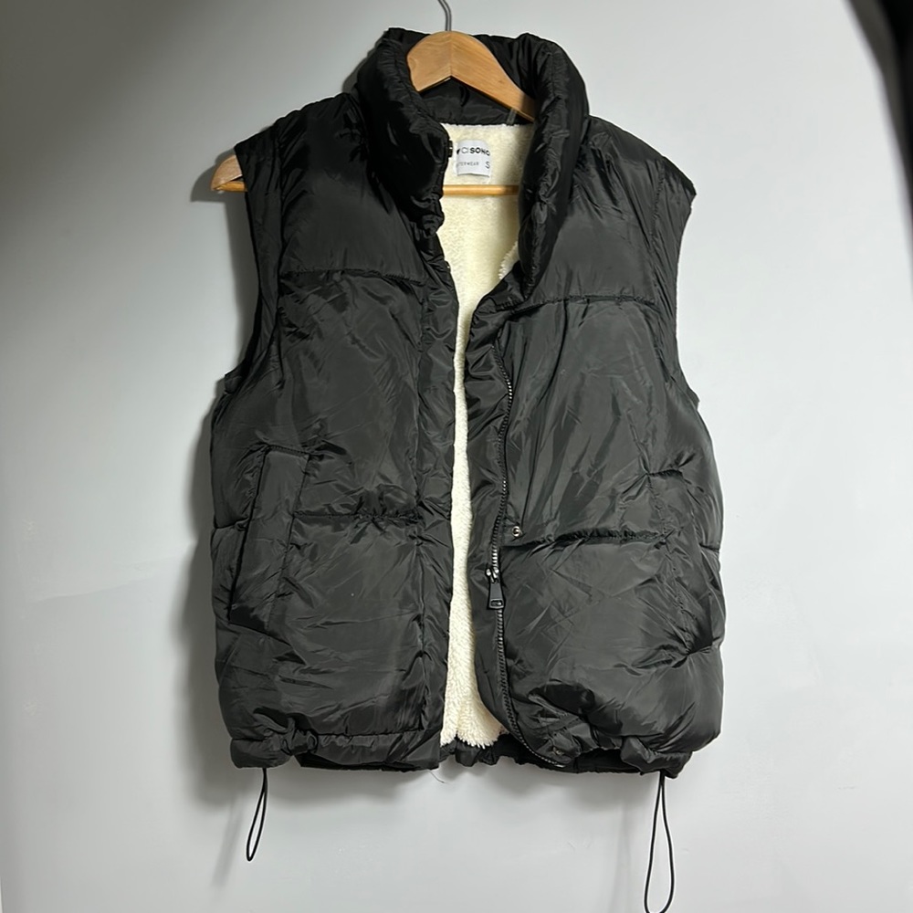 Cisono Black Fleece Lined Zipper Button Up Puffer Vest Size Small